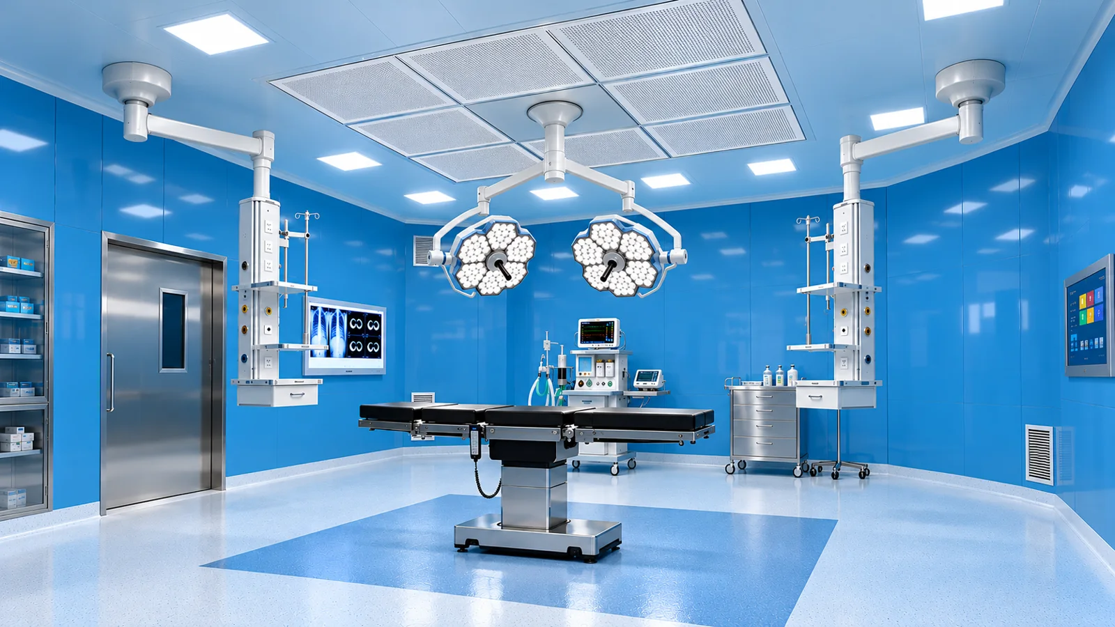 Empty blue modular operation theatre with surgical table, LED surgical lights and ceiling-mounted pendants