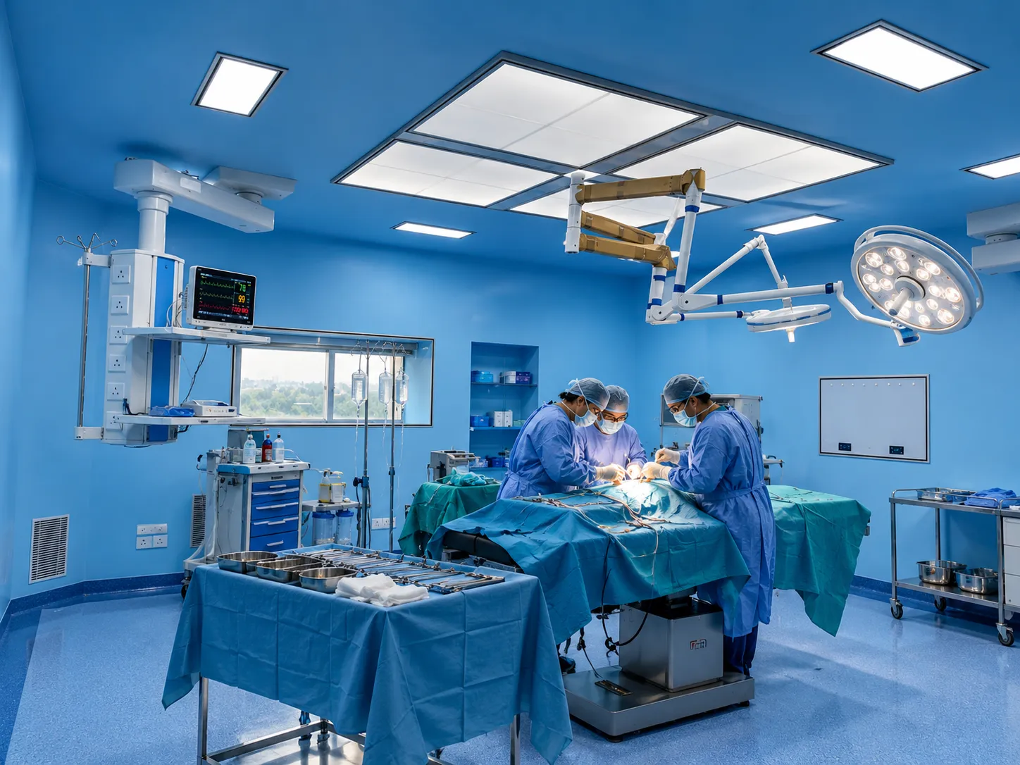 Surgeons operating in a blue modular operation theatre with laminar air flow ceiling, OT pendant and surgical lights