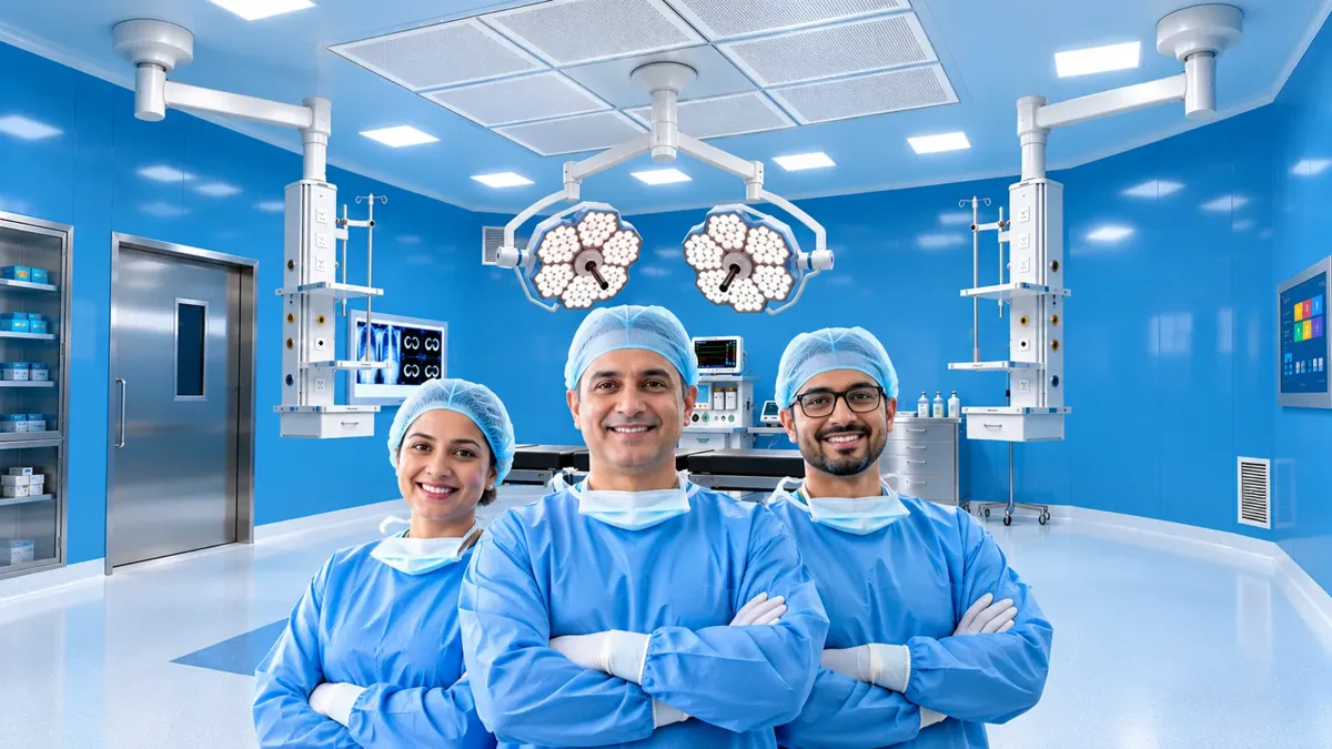 Three surgeons standing in a blue modular operation theatre with LED surgical lights, ceiling pendants and laminar air flow ceiling